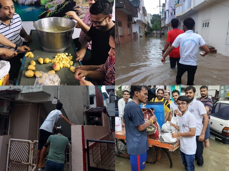 Volunteers serving food to poor